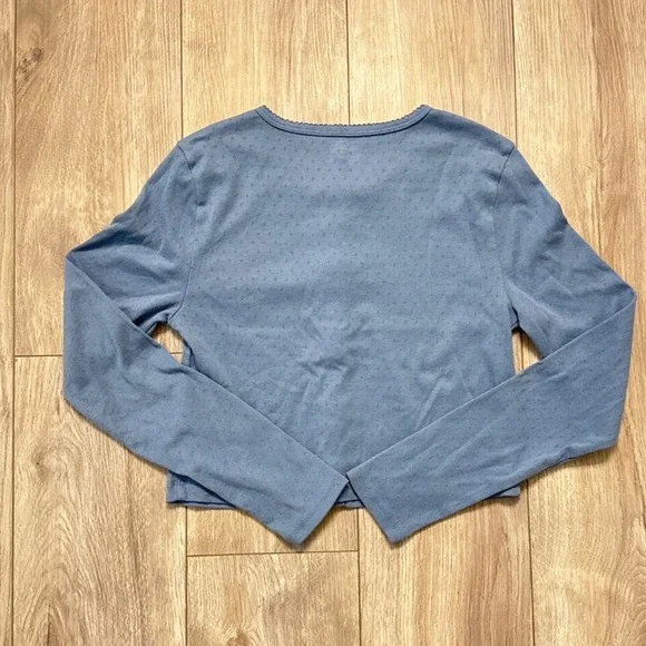 No Boundaries Blue Textured Button Up Long Sleeve Cropped Cardigan Top Size L - Picture 2 of 3